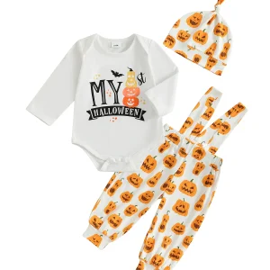 Halloween 3-Piece Outfit Overalls Shirt & Beanie