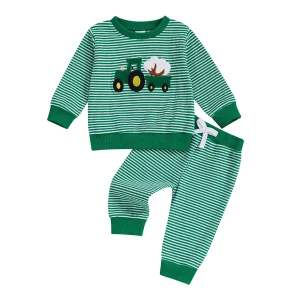 Tractor Design Striped Sweatshirt and Elastic Pants