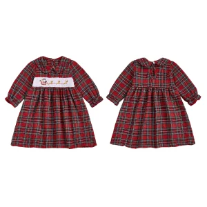 Christmas Plaid Dress Santa and Reindeer Embroidery