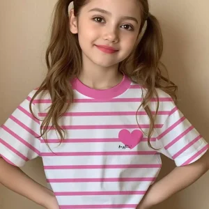 Pink and White Striped T-Shirt with Heart