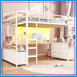 Twin Loft Bed with Desk, Lights, Drawers