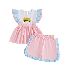 School Bus Applique Flutter Sleeve Set