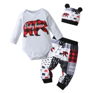 Newborn Bear Print Top, Pants and Hat Set